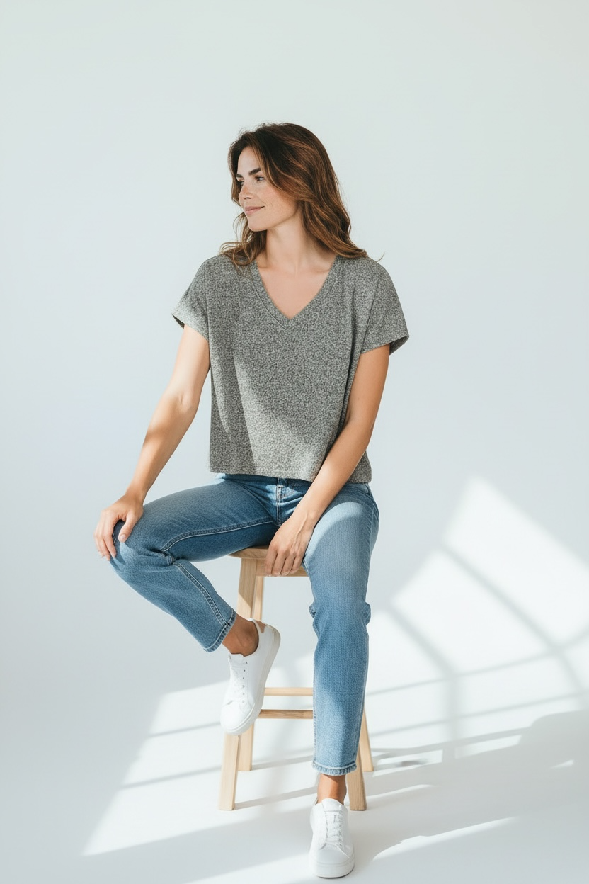 Soft Melange V-neck Drop Shoulder Cropped Top-Z